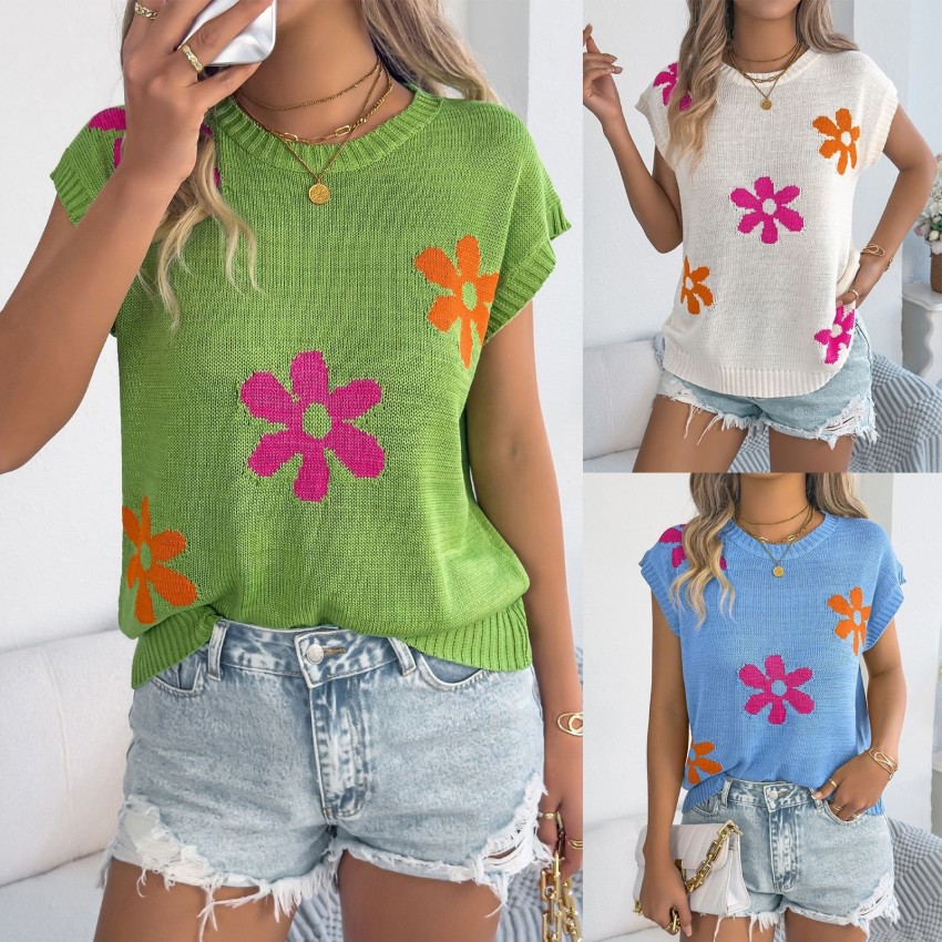 Womens Fashionable Floral Casual Loose Batwing-Sleeve Knit Top