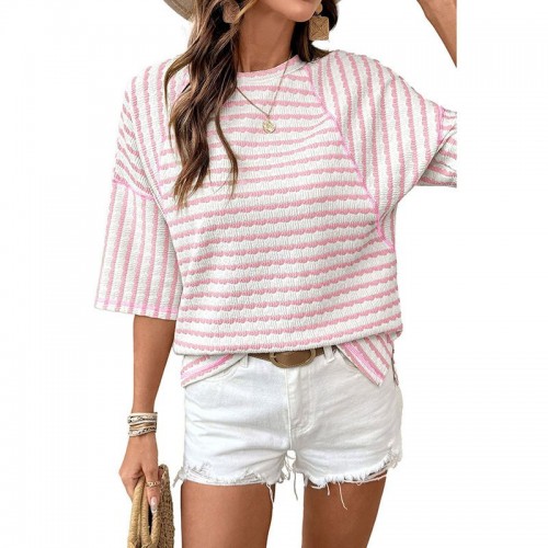 Womens Crew-Neck Pullover T-Shirt Simple, Versatile Striped Half-Sleeve Tee In European And American Style Womens Crew-Neck Pullover T-Shirt Simple, Versatile Striped Half-Sleeve Tee In European And American Style