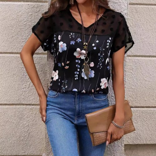 Fashionable New V-neck Printed Lace-panel Short-sleeve TopT-shirt Fashionable New V-neck Printed Lace-panel Short-sleeve TopT-shirt