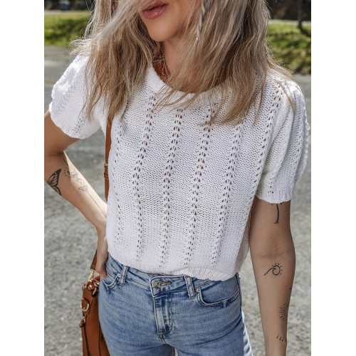 Stylish French-style Crew-neck Mesh Hollow-out Knit Short-sleeve Top