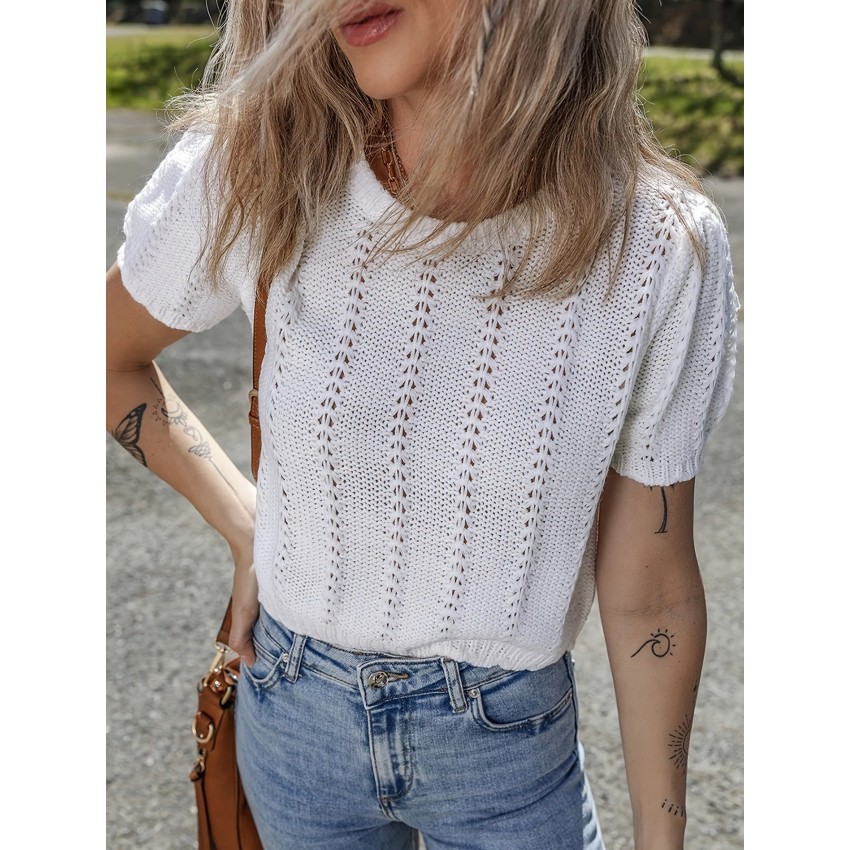 Stylish French-style Crew-neck Mesh Hollow-out Knit Short-sleeve Top Stylish French-style Crew-neck Mesh Hollow-out Knit Short-sleeve Top