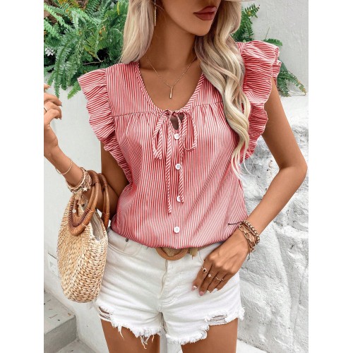 Loose Striped Top With French-Style Strap And Ruffle Sleeves Loose Striped Top With French-Style Strap And Ruffle Sleeves