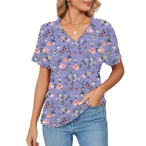 Women's T-shirt, Natural Plant And Floral Print, Casual V-neck Short Sleeves Women's T-shirt, Natural Plant And Floral Print, Casual V-neck Short Sleeves