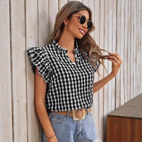 Womens Double-layer Ruffled Plaid Short-sleeve Top