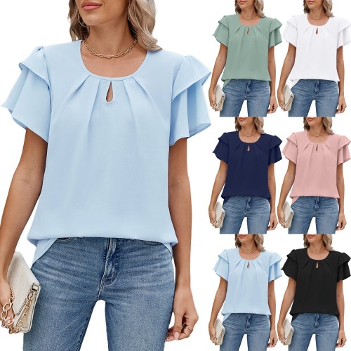 Round-neck Flutter-sleeve Loose-fit Chiffon Top Round-neck Flutter-sleeve Loose-fit Chiffon Top