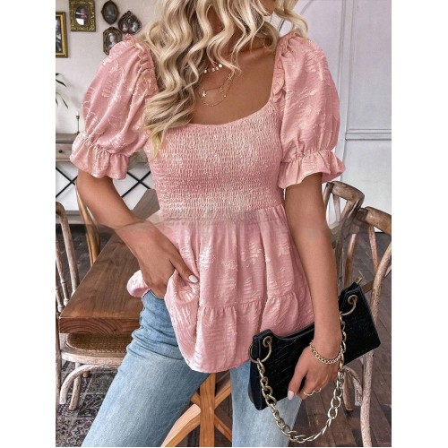 Elegant Tunic Top With A Square Neck Puff Sleeves And A Defined Waistline