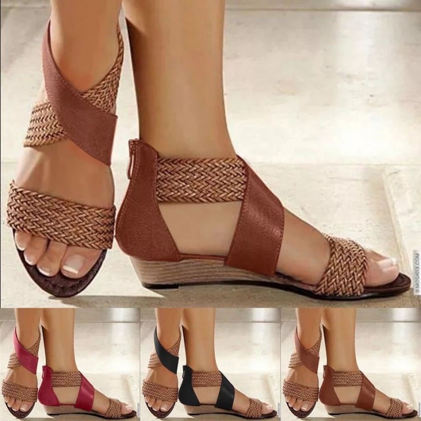 Hollow Braided Strap Ladies Sandals Open Toe Wedge Sandals