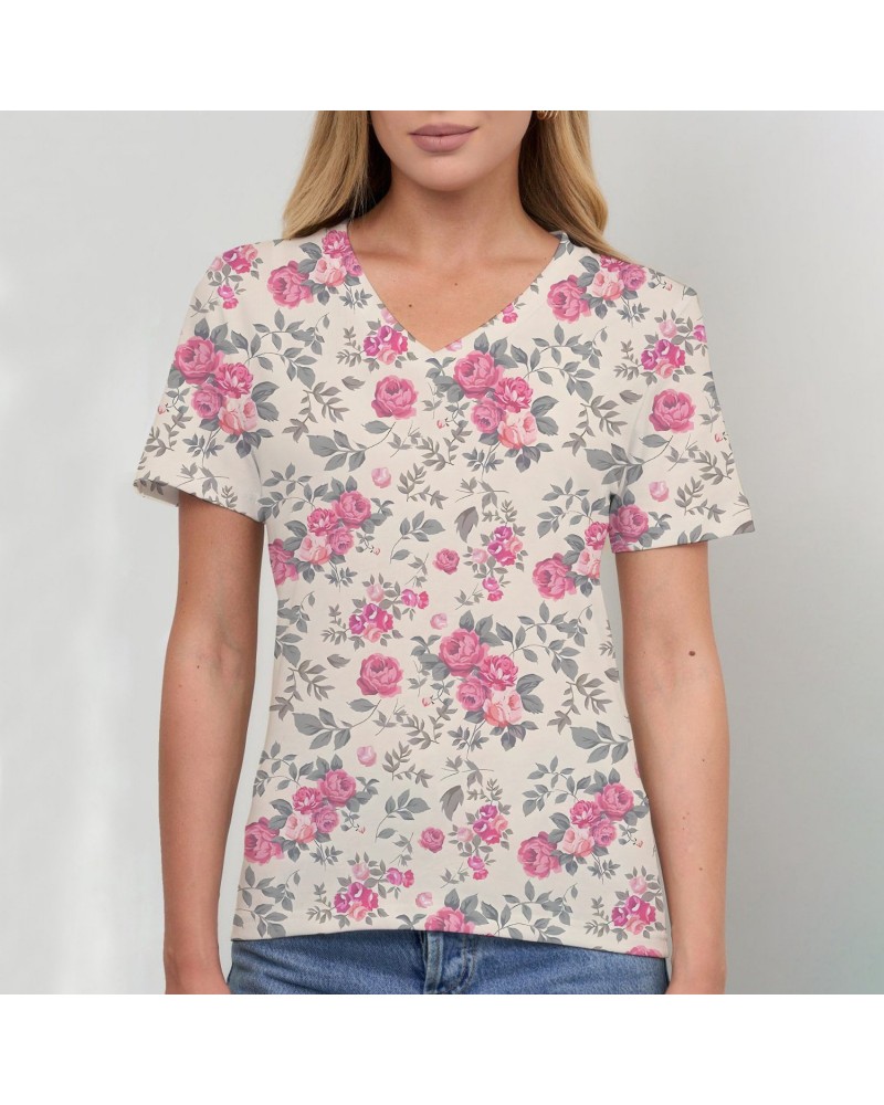 Women's T-shirt, Natural Plant And Floral Print, Casual V-neck Short Sleeves