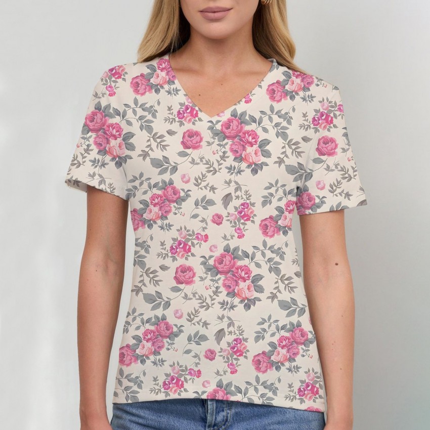 Women's T-shirt, Natural Plant And Floral Print, Casual V-neck Short Sleeves