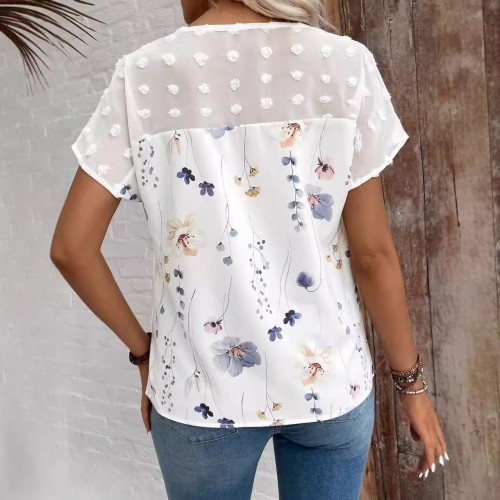 Fashionable New V-neck Printed Lace-panel Short-sleeve TopT-shirt Fashionable New V-neck Printed Lace-panel Short-sleeve TopT-shirt