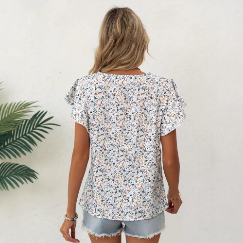 Womens Floral Print Round Neck Ruffle Sleeve Short-Sleeve Top, Loose Fit Womens Floral Print Round Neck Ruffle Sleeve Short-Sleeve Top, Loose Fit