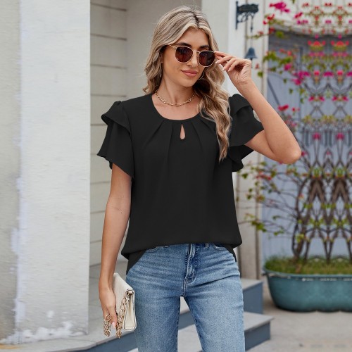 Round-neck Flutter-sleeve Loose-fit Chiffon Top Round-neck Flutter-sleeve Loose-fit Chiffon Top