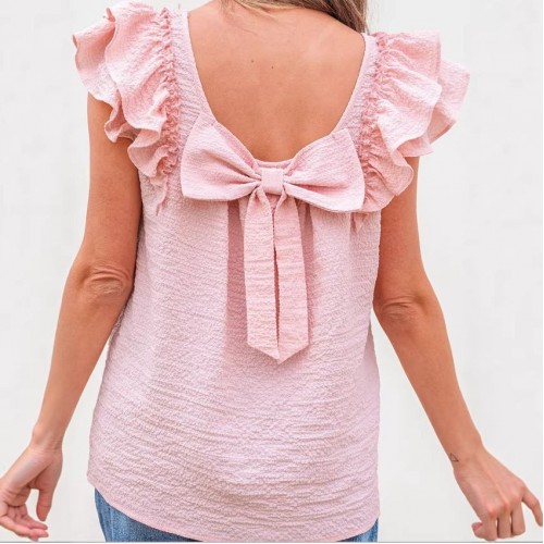 Womens Solid-Color Crew-Neck Sweet Top With Bow-Knot Design