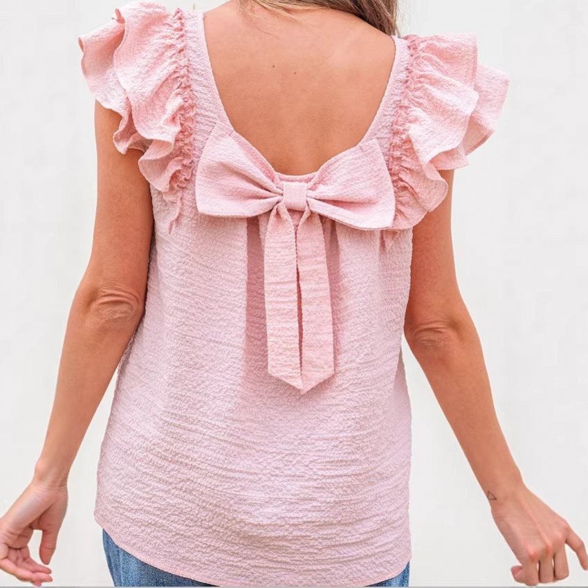 Womens Solid-Color Crew-Neck Sweet Top With Bow-Knot Design Womens Solid-Color Crew-Neck Sweet Top With Bow-Knot Design