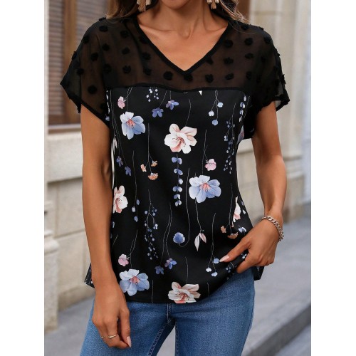 Fashionable New V-neck Printed Lace-panel Short-sleeve TopT-shirt Fashionable New V-neck Printed Lace-panel Short-sleeve TopT-shirt