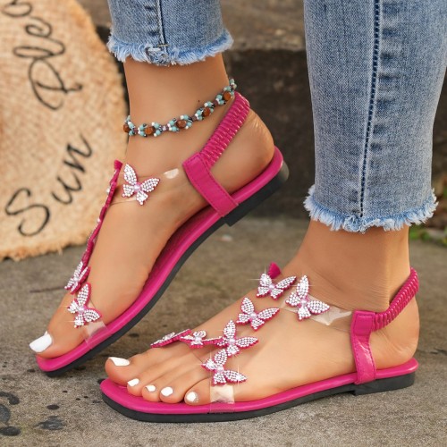 New Butterfly Rhinestone Sandals Summer Square Toe Flat Shoes For Women