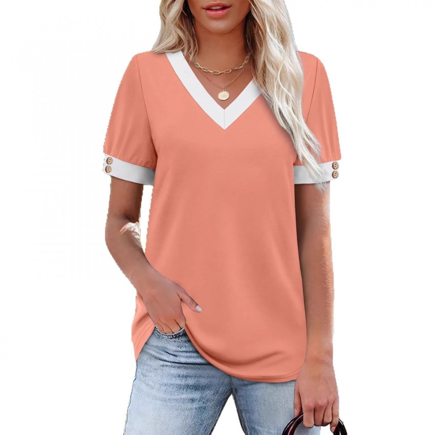 V-neck Contrast-Color Sleeveless All-Match Buttoned Pullover Short-Sleeve Top V-neck Contrast-Color Sleeveless All-Match Buttoned Pullover Short-Sleeve Top