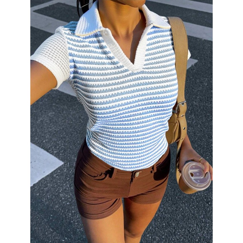 Summer Color Block Defined Waist Pleated Short T-Shirt Summer Color Block Defined Waist Pleated Short T-Shirt