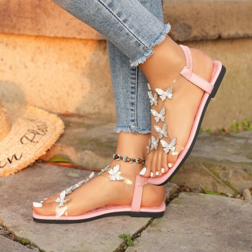 New Butterfly Rhinestone Sandals Summer Square Toe Flat Shoes For Women