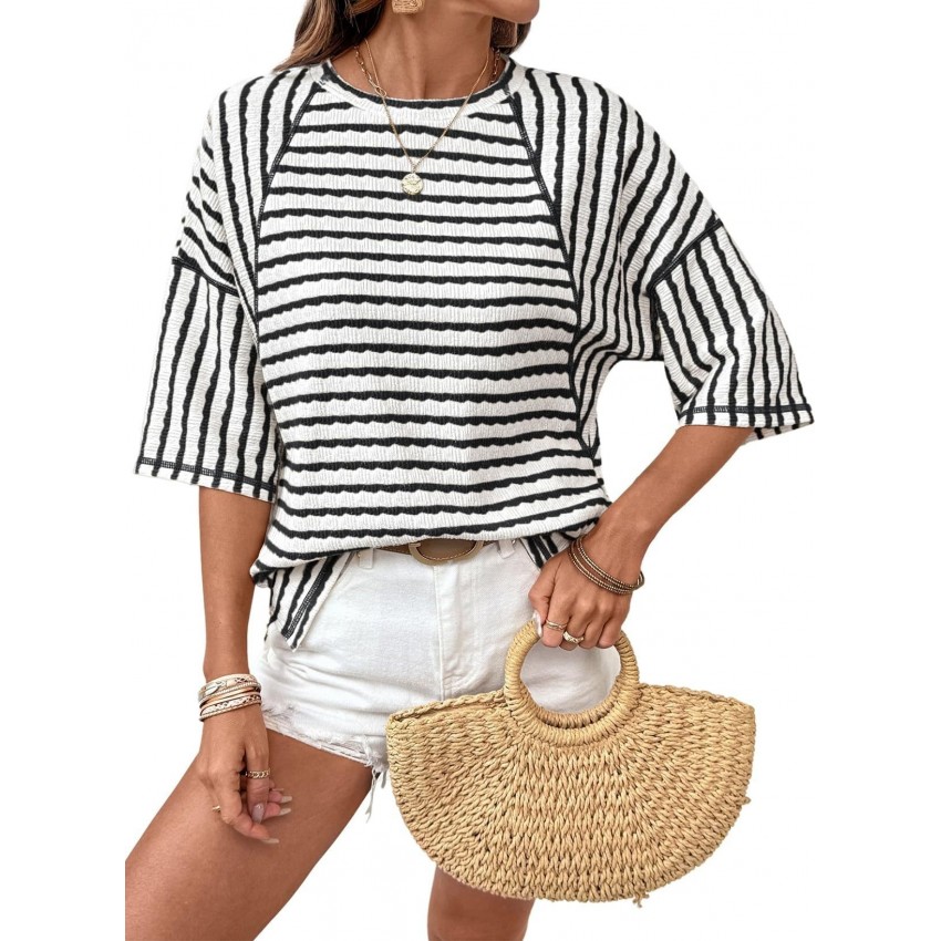 Womens Crew-Neck Pullover T-Shirt Simple, Versatile Striped Half-Sleeve Tee In European And American Style Womens Crew-Neck Pullover T-Shirt Simple, Versatile Striped Half-Sleeve Tee In European And American Style