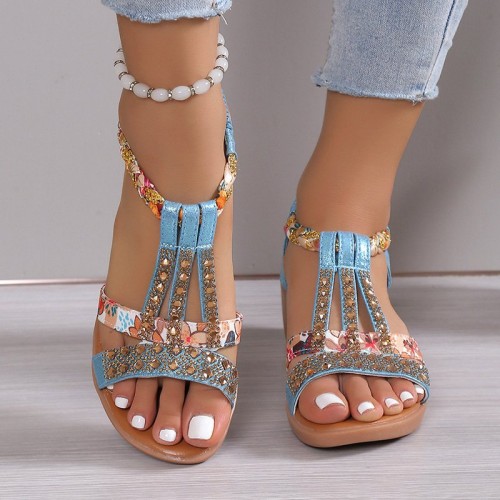 Casual Wedges Sandals With Rhinestone Summer Plus-size Peep-toe Roman Shoes