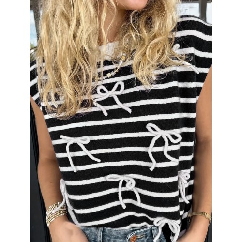 Womens Soft-Style Knitted Top With Bow-Knot And Short Sleeves Womens Soft-Style Knitted Top With Bow-Knot And Short Sleeves