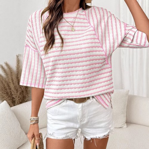 Womens Crew-Neck Pullover T-Shirt Simple, Versatile Striped Half-Sleeve Tee In European And American Style Womens Crew-Neck Pullover T-Shirt Simple, Versatile Striped Half-Sleeve Tee In European And American Style
