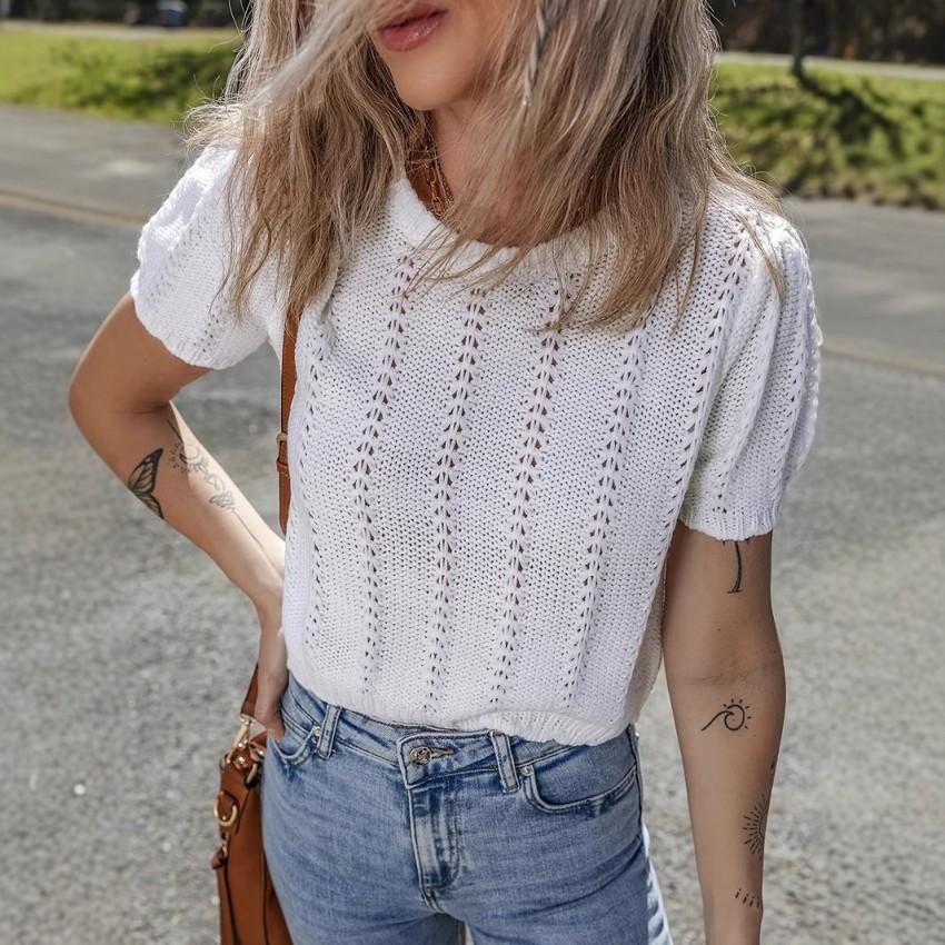 Stylish French-style Crew-neck Mesh Hollow-out Knit Short-sleeve Top