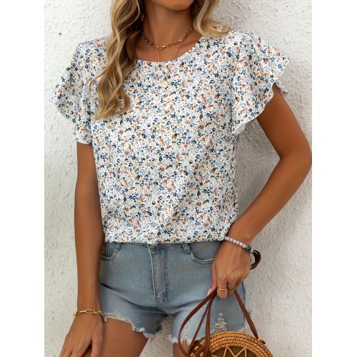 Womens Floral Print Round Neck Ruffle Sleeve Short-Sleeve Top, Loose Fit Womens Floral Print Round Neck Ruffle Sleeve Short-Sleeve Top, Loose Fit