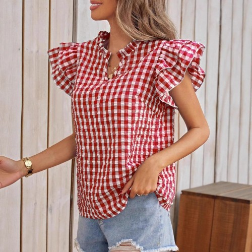 Womens Double-layer Ruffled Plaid Short-sleeve Top