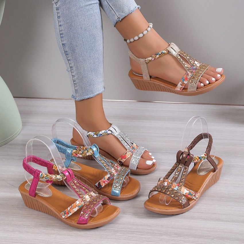 Casual Wedges Sandals With Rhinestone Summer Peep-toe Roman Shoes Casual Wedges Sandals With Rhinestone Summer Peep-toe Roman Shoes