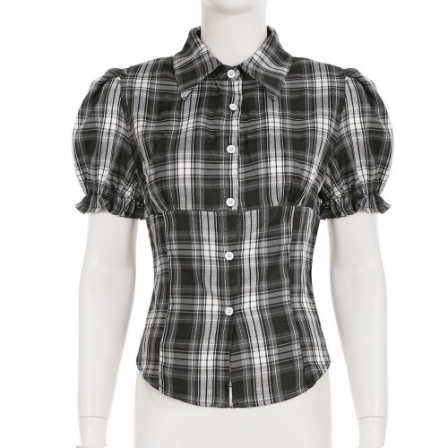 Womens Notched Collar Button-Down Puff-Sleeved Plaid Short Top Womens Notched Collar Button-Down Puff-Sleeved Plaid Short Top