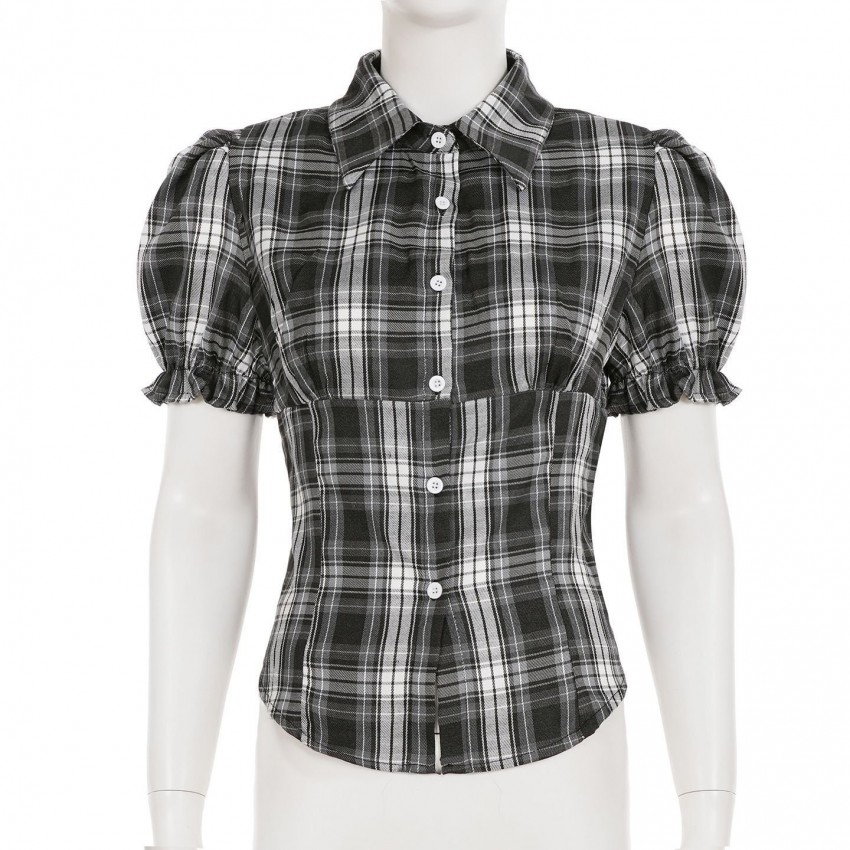 Womens Notched Collar Button-Down Puff-Sleeved Plaid Short Top Womens Notched Collar Button-Down Puff-Sleeved Plaid Short Top