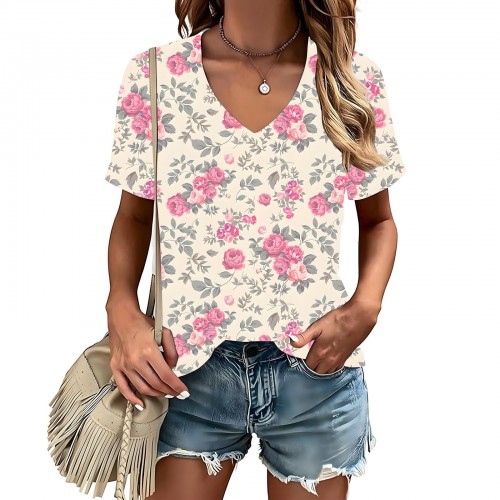Women's T-shirt, Natural Plant And Floral Print, Casual V-neck Short Sleeves Women's T-shirt, Natural Plant And Floral Print, Casual V-neck Short Sleeves
