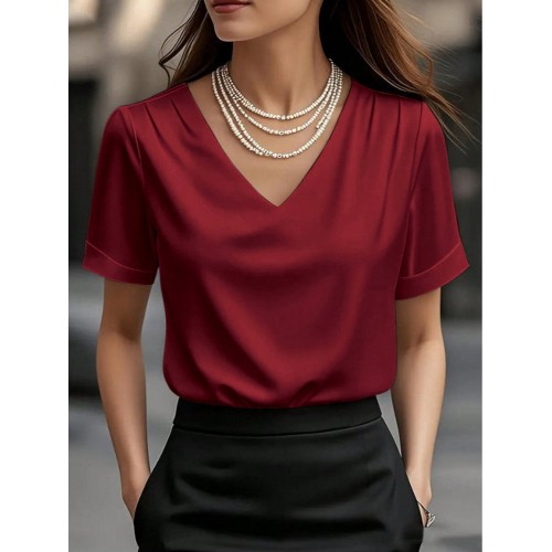 V-neck Satin Short-sleeve T-shirt Women's Fashion Top