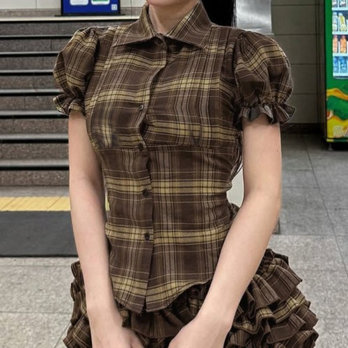 Womens Notched Collar Button-Down Puff-Sleeved Plaid Short Top Womens Notched Collar Button-Down Puff-Sleeved Plaid Short Top