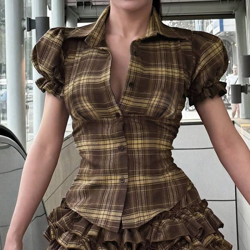 Womens Notched Collar Button-Down Puff-Sleeved Plaid Short Top Womens Notched Collar Button-Down Puff-Sleeved Plaid Short Top