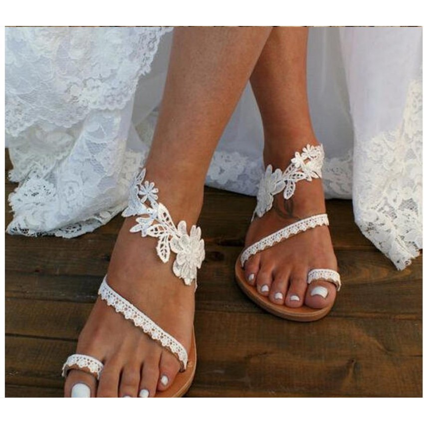 Women’s Flower Lace Sandals Lightweight Comfortable Summer Flat Slip-On Beach Shoes