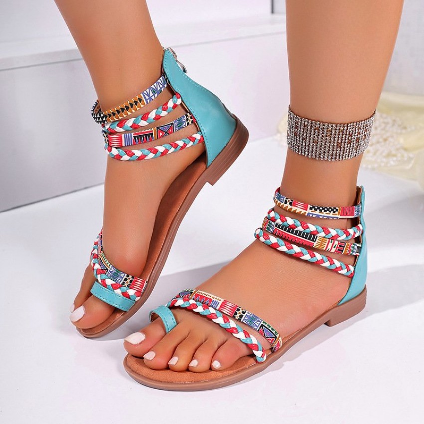 Ethnic Style Flat Sandals Summer Clip Toe Colorful Weave-straped Shoes With Back Zipper Women's Bohemian Beach Shoes Ethnic Style Flat Sandals Summer Clip Toe Colorful Weave-straped Shoes With Back Zipper Women's Bohemian Beach Shoes