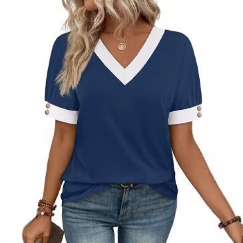 V-neck Contrast-Color Sleeveless All-Match Buttoned Pullover Short-Sleeve Top
