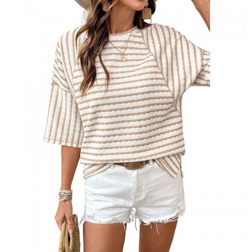Womens Crew-Neck Pullover T-Shirt Simple, Versatile Striped Half-Sleeve Tee In European And American Style Womens Crew-Neck Pullover T-Shirt Simple, Versatile Striped Half-Sleeve Tee In European And American Style