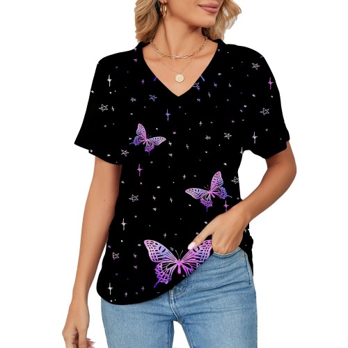 Women's T-shirt, Natural Plant And Floral Print, Casual V-neck Short Sleeves Women's T-shirt, Natural Plant And Floral Print, Casual V-neck Short Sleeves