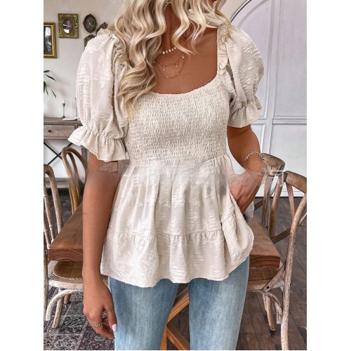 Elegant Tunic Top With A Square Neck Puff Sleeves And A Defined Waistline