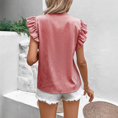 Loose Striped Top With French-Style Strap And Ruffle Sleeves Loose Striped Top With French-Style Strap And Ruffle Sleeves