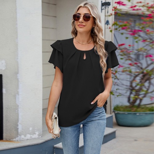 Round-neck Flutter-sleeve Loose-fit Chiffon Top Round-neck Flutter-sleeve Loose-fit Chiffon Top