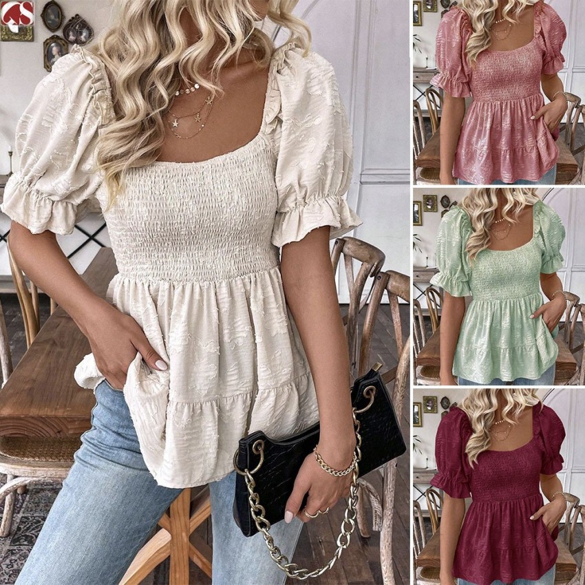 Elegant Tunic Top With A Square Neck Puff Sleeves And A Defined Waistline