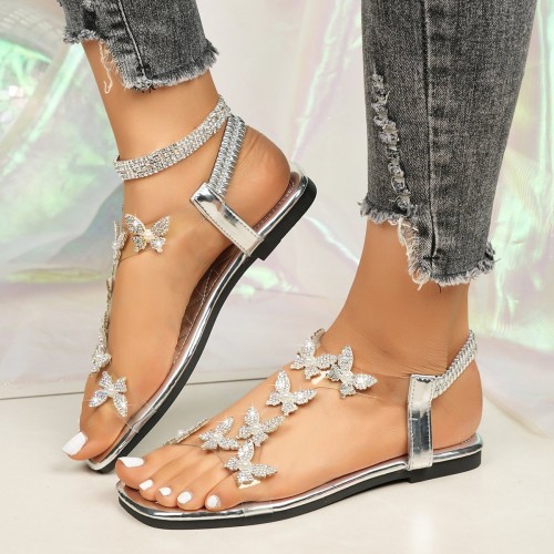 New Butterfly Rhinestone Sandals Summer Square Toe Flat Shoes For Women