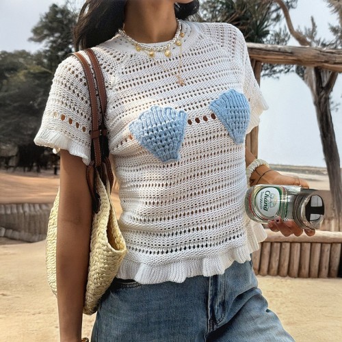 Womens Hollow-Out Knit Shell Short-Sleeve Resort Top