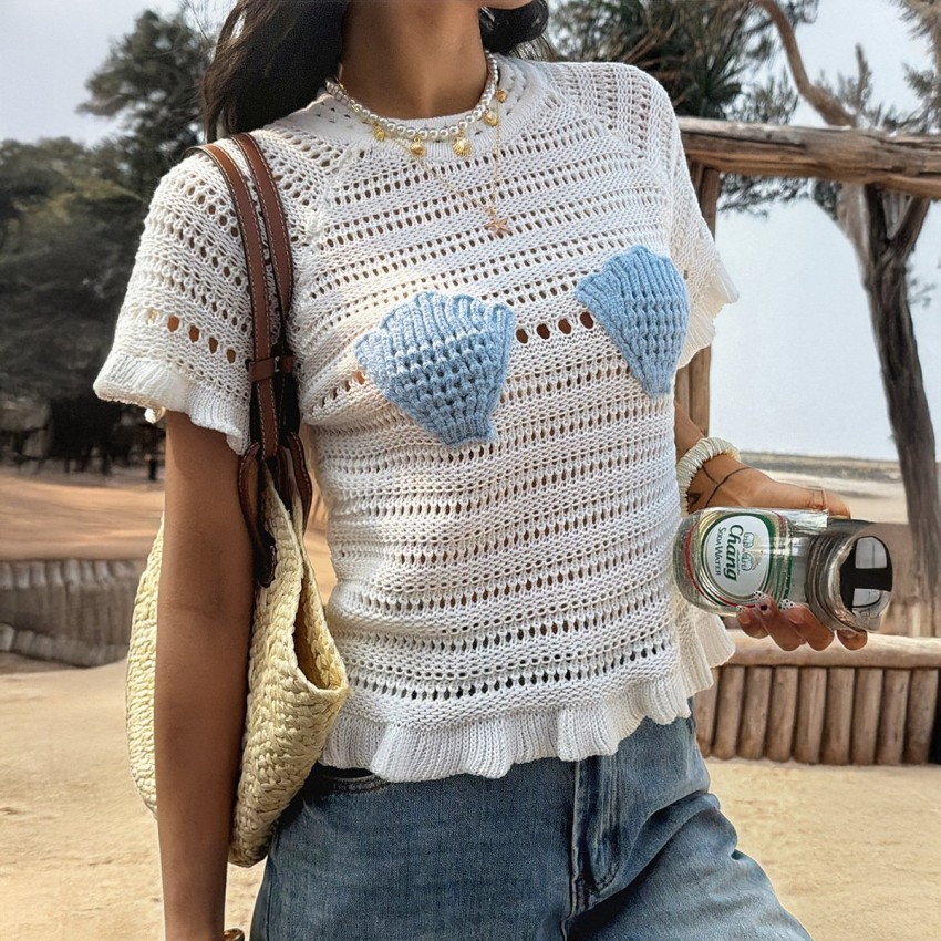 Womens Hollow-Out Knit Shell Short-Sleeve Resort Top Womens Hollow-Out Knit Shell Short-Sleeve Resort Top
