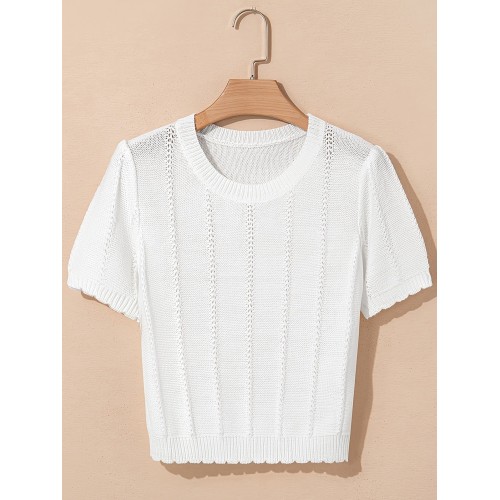 Stylish French-style Crew-neck Mesh Hollow-out Knit Short-sleeve Top